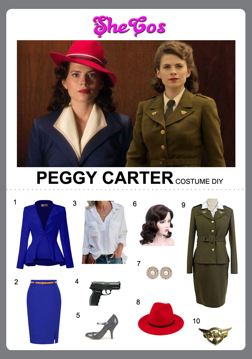 Avengers Captain America Peggy Carter Cosplay Costume Women Halloween Green...